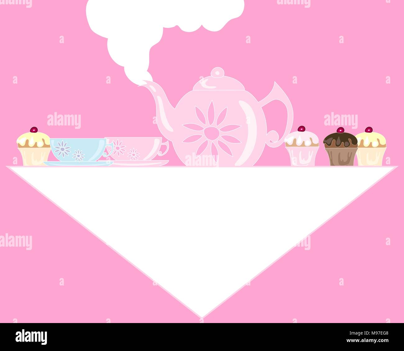 Un vecteur illustration au format eps d'un pot de thé rose avec des tasses et soucoupes sur une nappe blanche avec petits gâteaux décorés Illustration de Vecteur