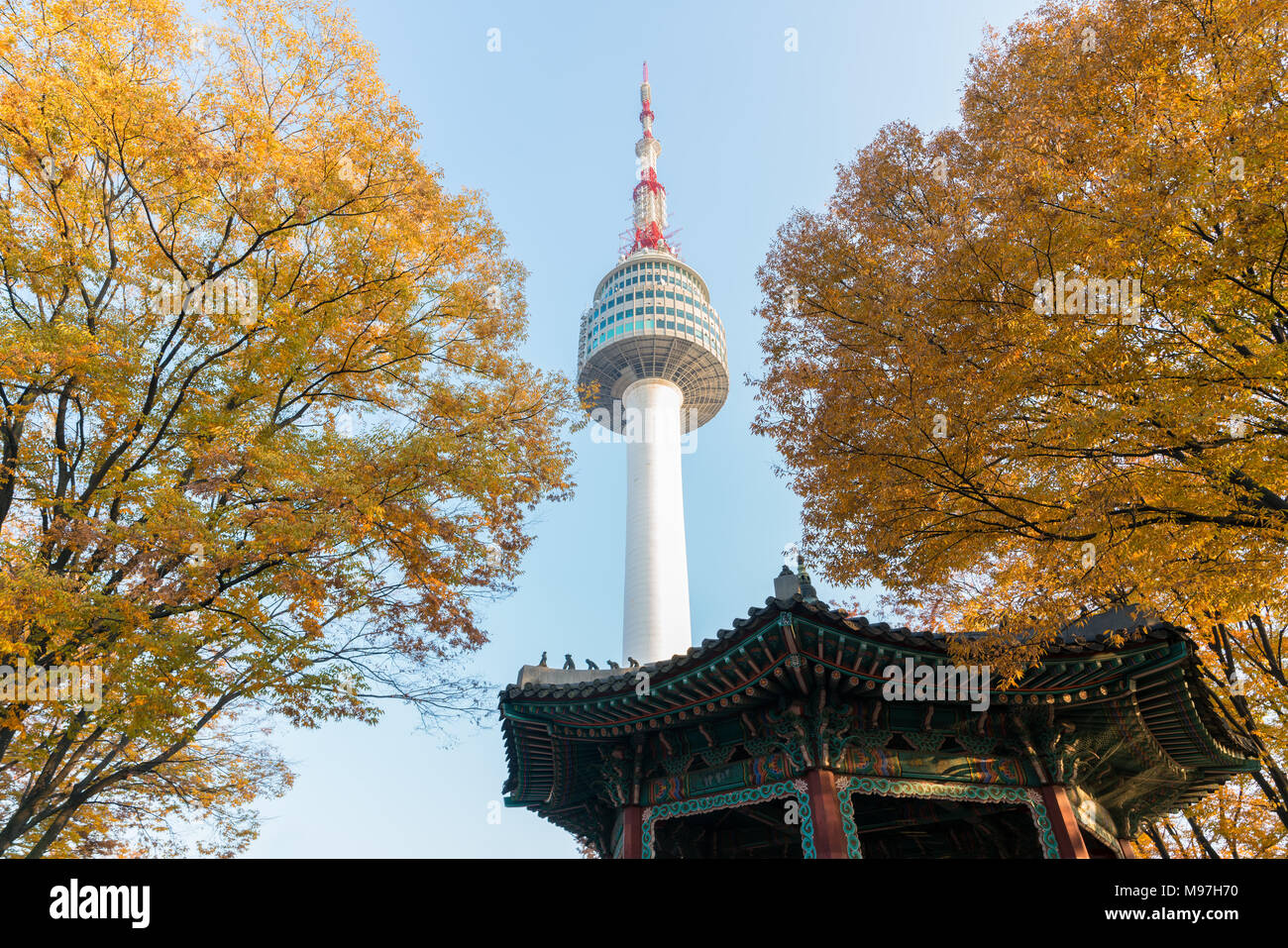 Tour de Séoul avec jaune et rouge l'automne feuilles d'érable à la montagne Namsan en Corée du Sud. Banque D'Images