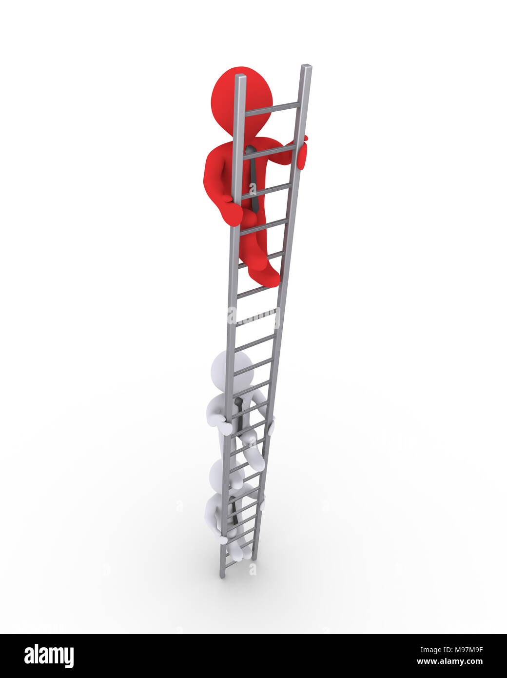 Trois hommes d'escalade d'une échelle mais l'un est plus élevé Banque D'Images