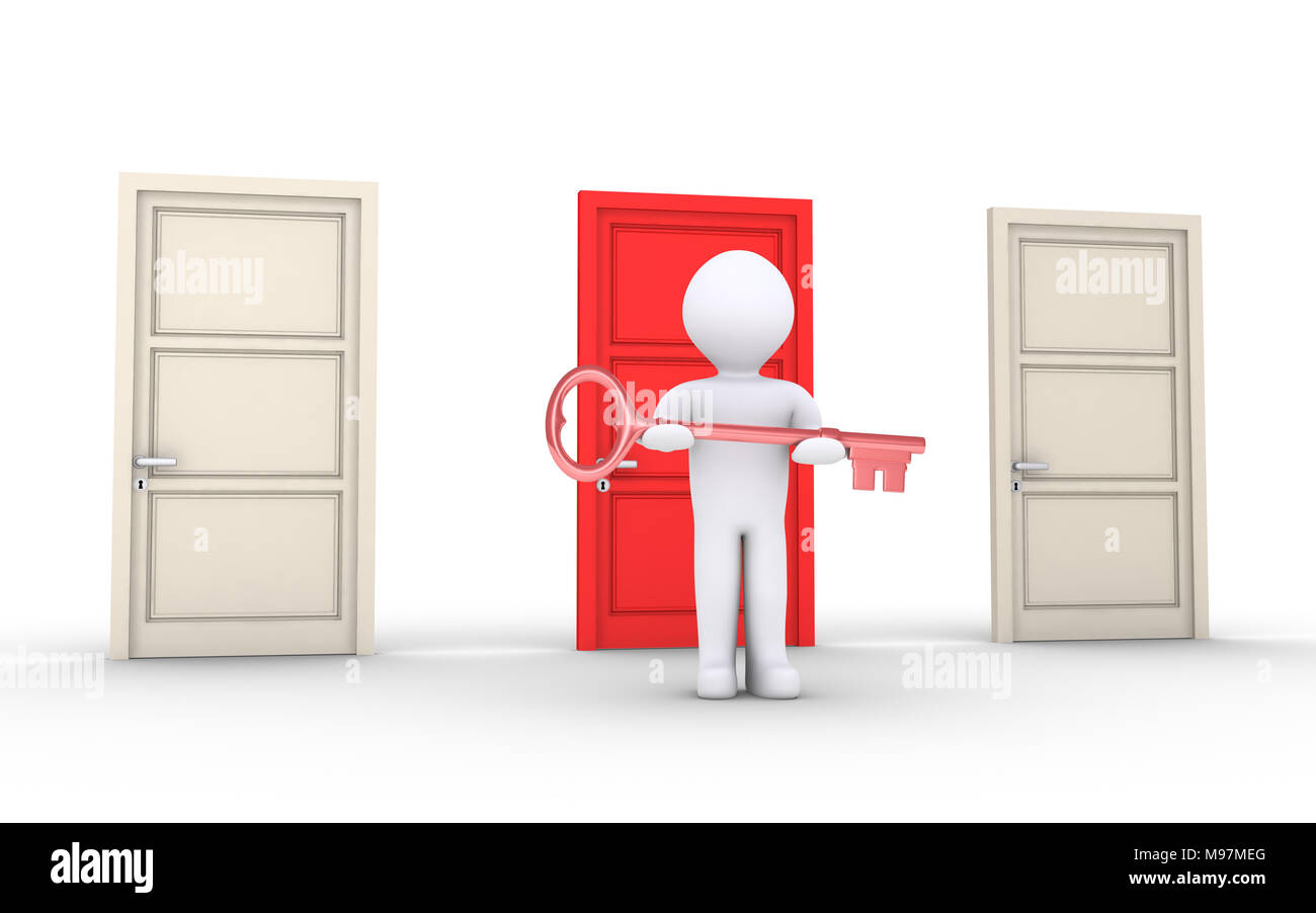 3d personne détenant la clé est en face des portes et l'un est de couleur différente Banque D'Images