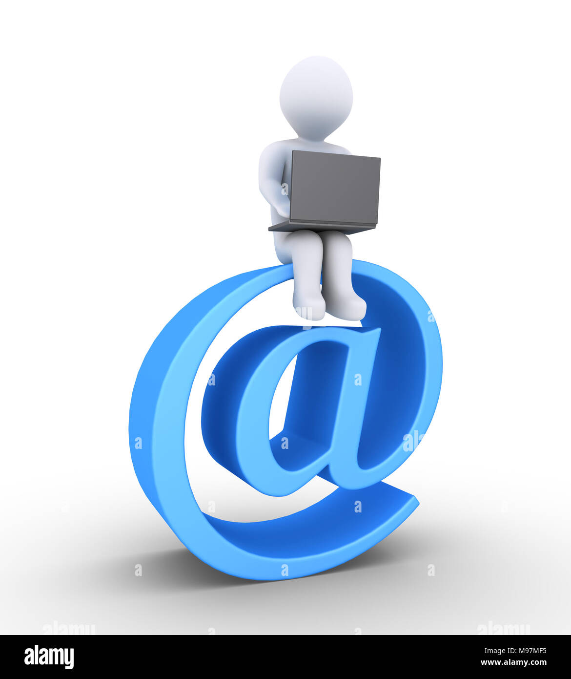 Personne 3d à l'aide d'un ordinateur portable est assis sur un symbole e-mail Banque D'Images