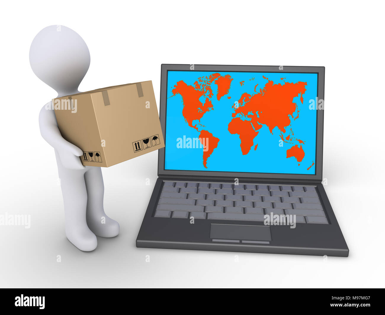 3d personne tenant une boîte en carton est à côté d'un ordinateur portable avec la carte du monde Banque D'Images