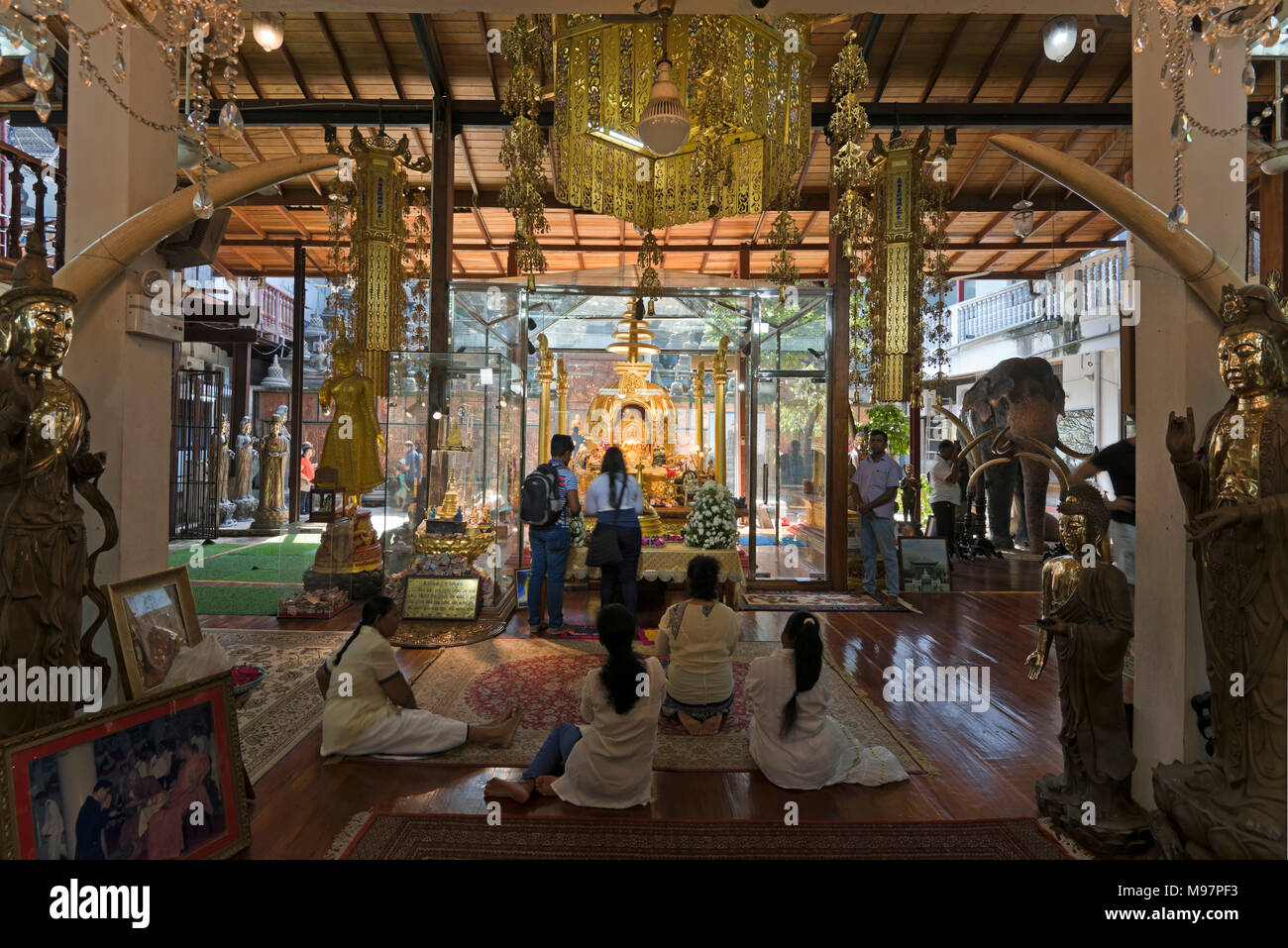 Vue horizontale de bouddhistes priant au Temple Gangaramaya à Colombo, Sri Lanka. Banque D'Images