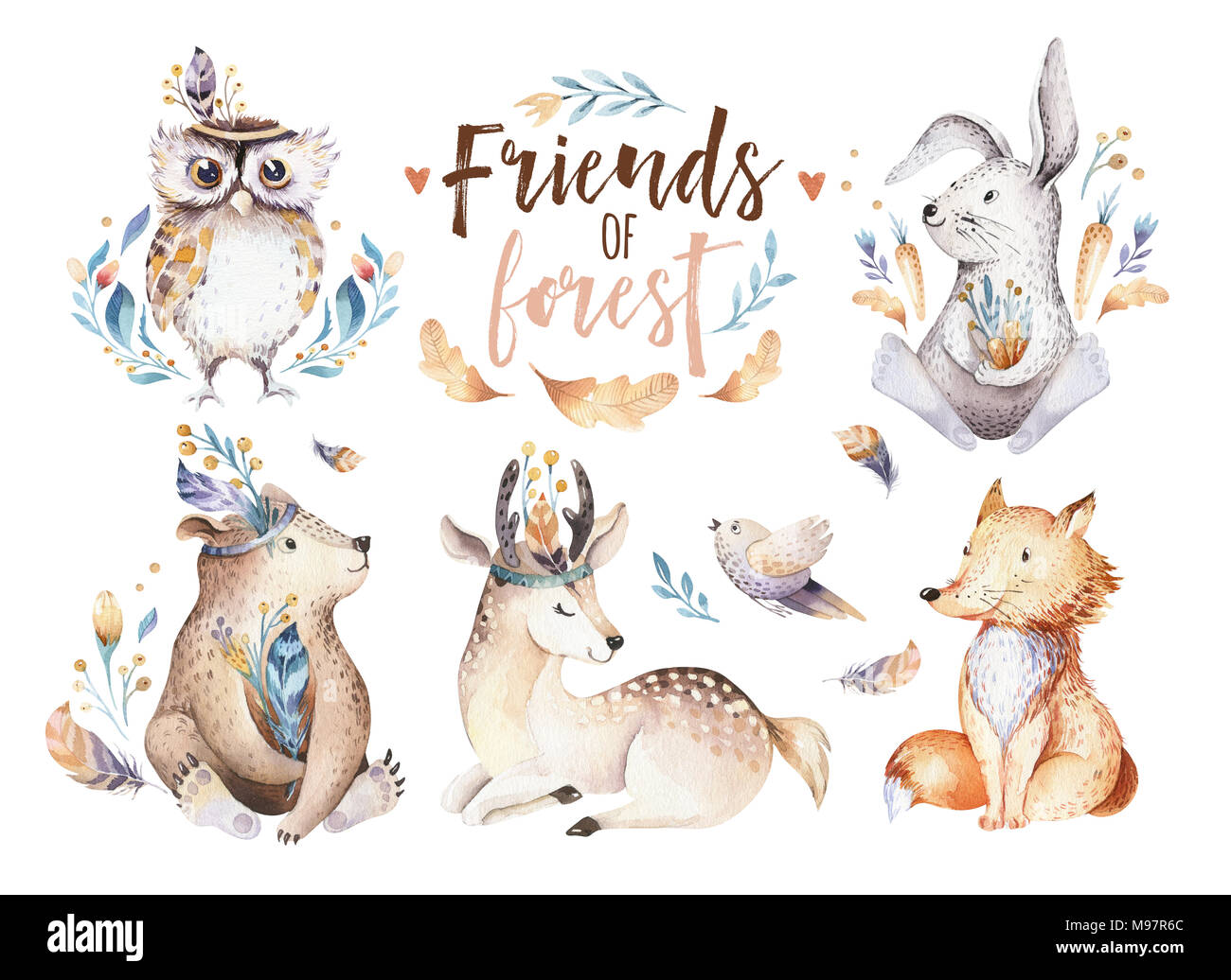 Aquarelle Dessin Anime Mignon Bebe Boheme Lapin Ours Et Animaux Pour La Maternelle Cerfs Renards Et Owl Isoles Pepiniere Forestiere Bunny Illustration Photo Stock Alamy