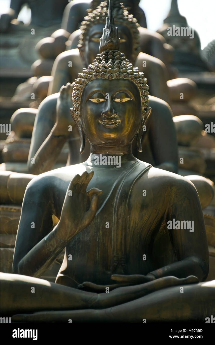 Vue verticale des Bouddhas ornant le Temple Gangaramaya à Colombo, Sri Lanka. Banque D'Images