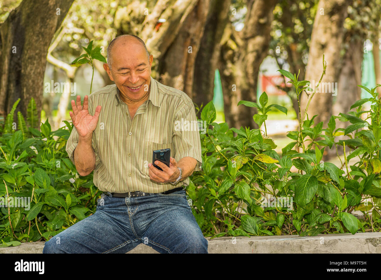 Vue extérieure de l'ancien homme est assis sur le banc et dit bonjour en vidéo cam avec téléphone cellulaire dans sa main, appréciant la nature et avoir un bon repos. Tous les problèmes laissés derrière Banque D'Images