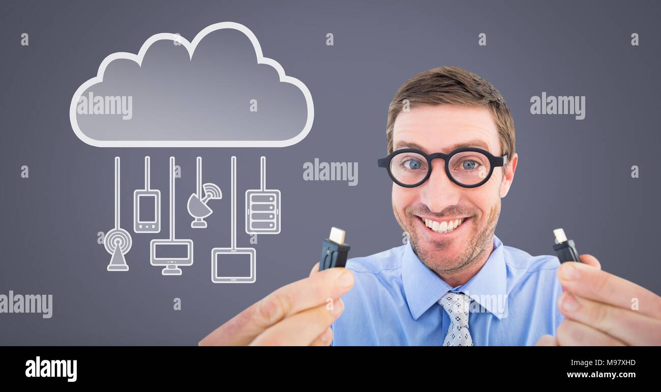 Man holding liaison filaire avec appareils cloud Banque D'Images