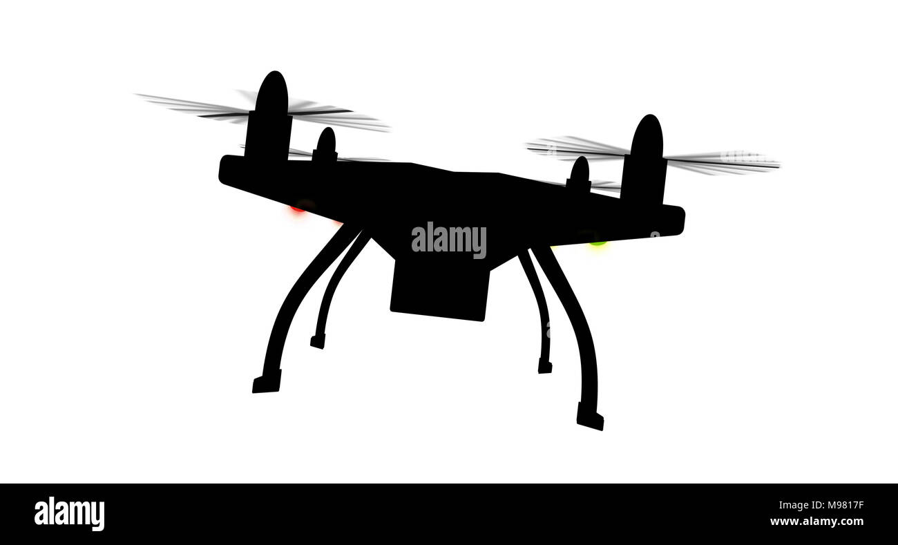 3D silhouette bourdon isolés. Avec les hélices en rotation quadcopter noir sur fond blanc. Banque D'Images