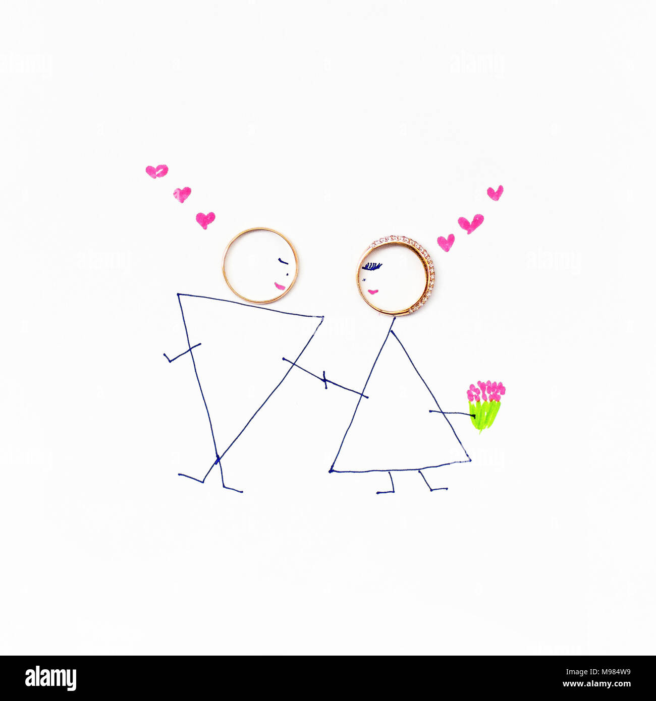 Jeunes mariés une photo de mariage, peint par épouse. Banque D'Images