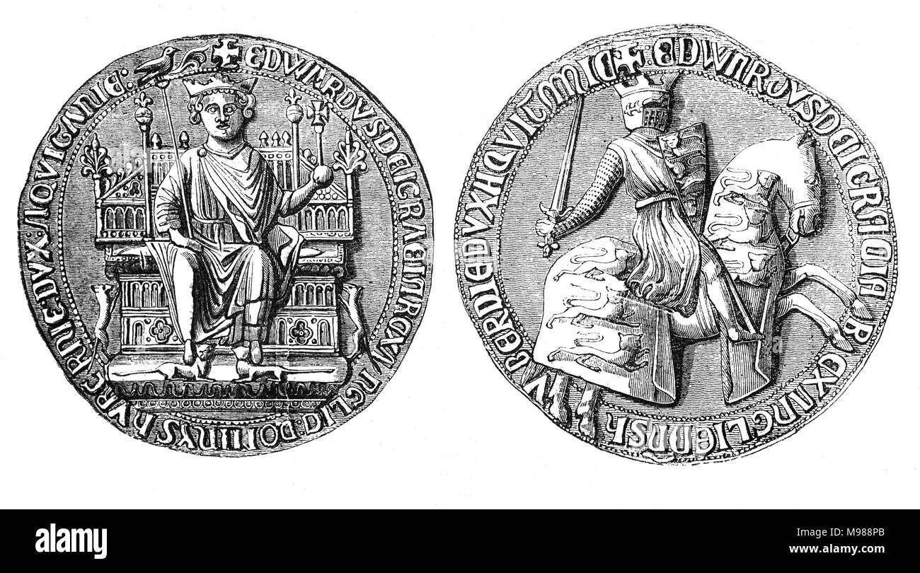 Le Grand Sceau d'Édouard I (1239 - 1307), également connu sous le nom de Edward Longshanks était roi de l'Angleterre de 1272 à 1307. Il a passé une grande partie de son règne, la réforme de l'administration royale et la common law. Pendant son règne, il s'est occupé de la Seconde Guerre des barons, les guerres, les Gallois nineth croisades, d'invasions et d'autres Écossais les affaires militaires. Banque D'Images