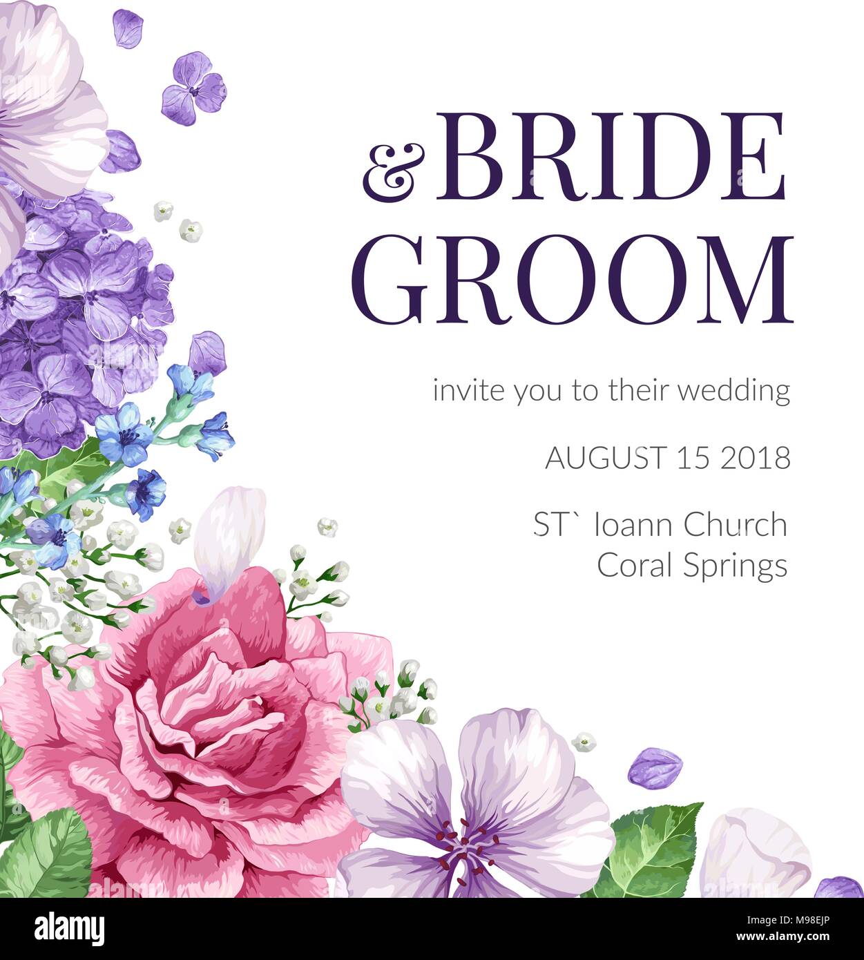 Carte d'Invitation de mariage avec des fleurs dans un style aquarelle sur fond blanc. Modèle de carte de vœux. Illustration de Vecteur