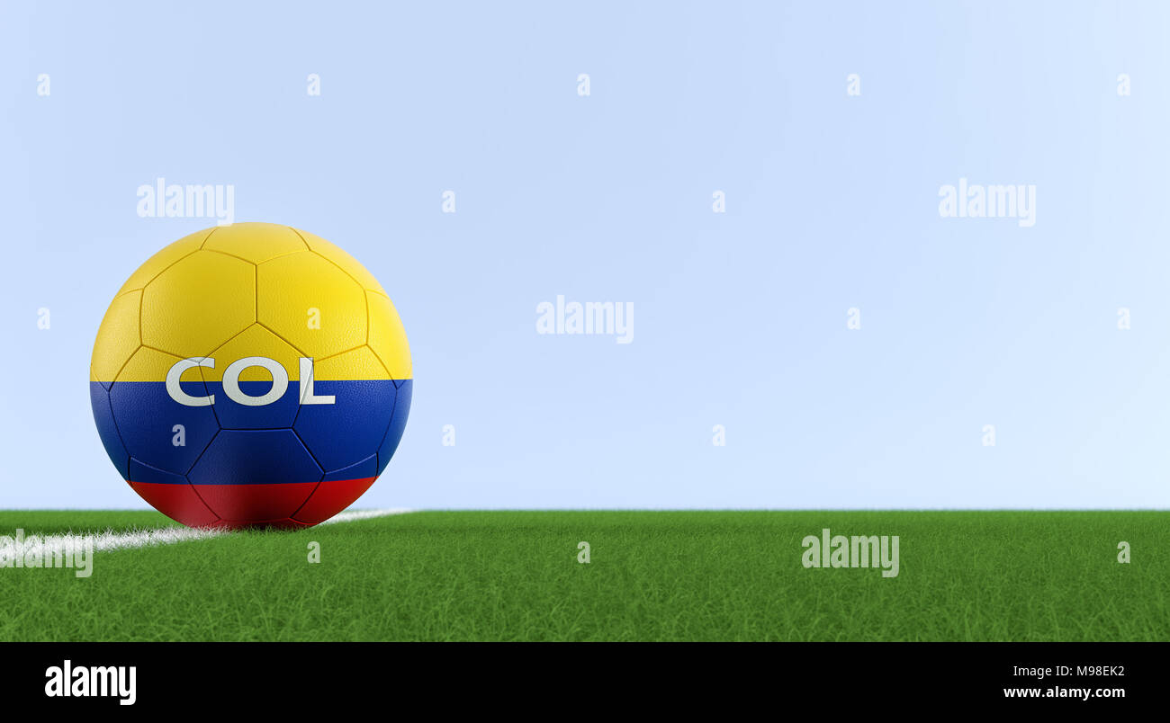 Ballon de soccer dans la chaîne Columbia couleurs nationales sur un terrain de soccer. Copie de l'espace sur le côté droit - le rendu 3D Banque D'Images