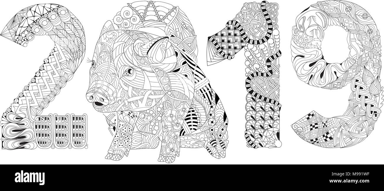 Zentangle illustration avec nombre de porcs et de 2019. Zentangle doodle ou porcelet. Livre de coloriage animal domestique. Illustration de Vecteur