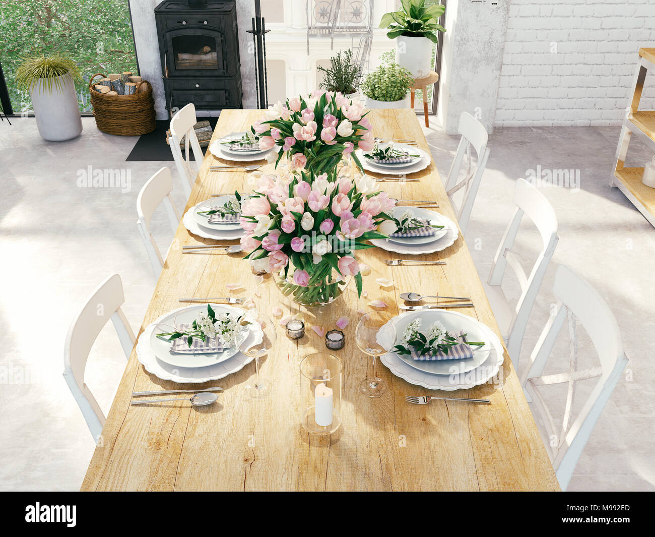 Bouquet de tulipes dans un appartement de style nordique. Le rendu 3D Banque D'Images