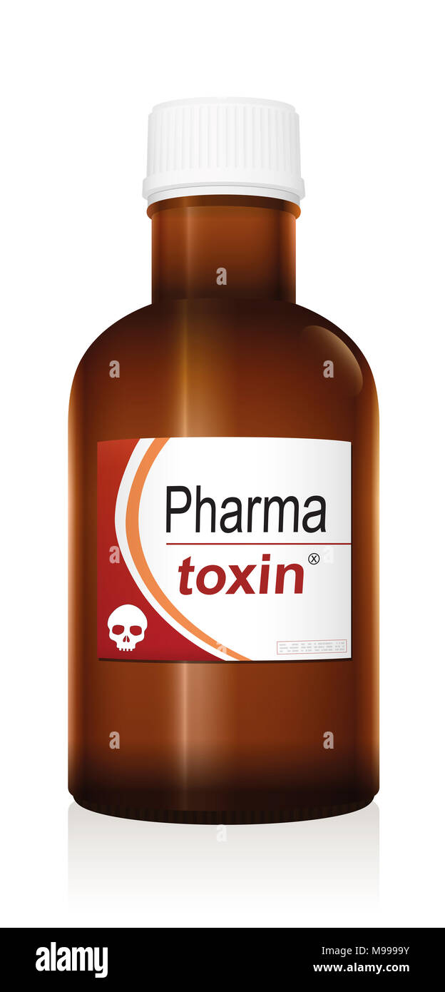 Flacon de médicaments appelé PHARMA TOXINE, un faux produit avec un crâne comme le logo de la marque qui fait allusion au danger de faux médicaments. Banque D'Images