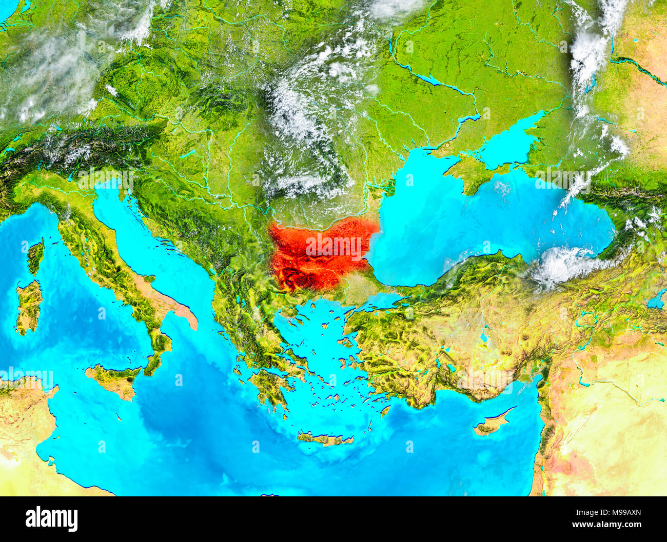 La Bulgarie a mis en évidence en rouge sur la planète Terre. 3D illustration. Éléments de cette image fournie par la NASA. Banque D'Images