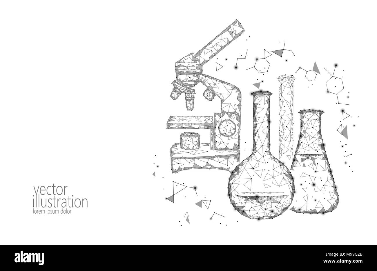 La science poly faible des flacons de verre chimique. L'équipement magique zoom microscope triangle polygonale monochrome blanc technologie de l'avenir de la recherche en médecine d'entreprise concept vector illustration Illustration de Vecteur