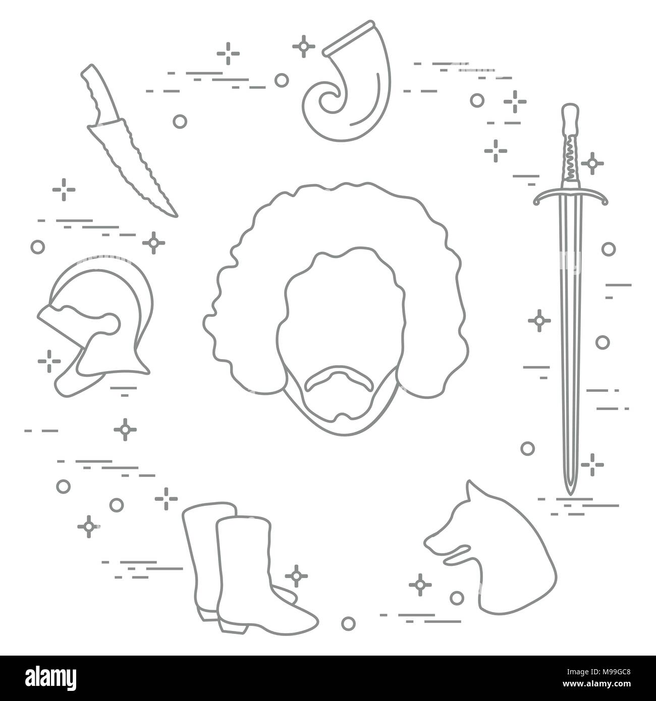 Symboles et héros de la populaire série télévisée de fantaisie. Art et thème du cinéma. Illustration de Vecteur