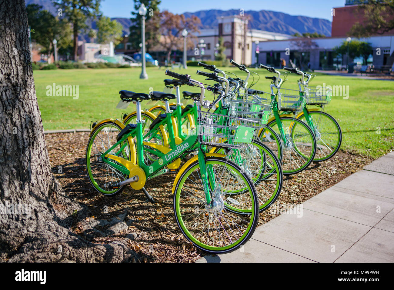 Monrovia, MAR 19 Vert : LimeBike dans le parc de la bibliothèque le 19 MAR 2018 à Monrovia, Los Angeles County, Californie Banque D'Images