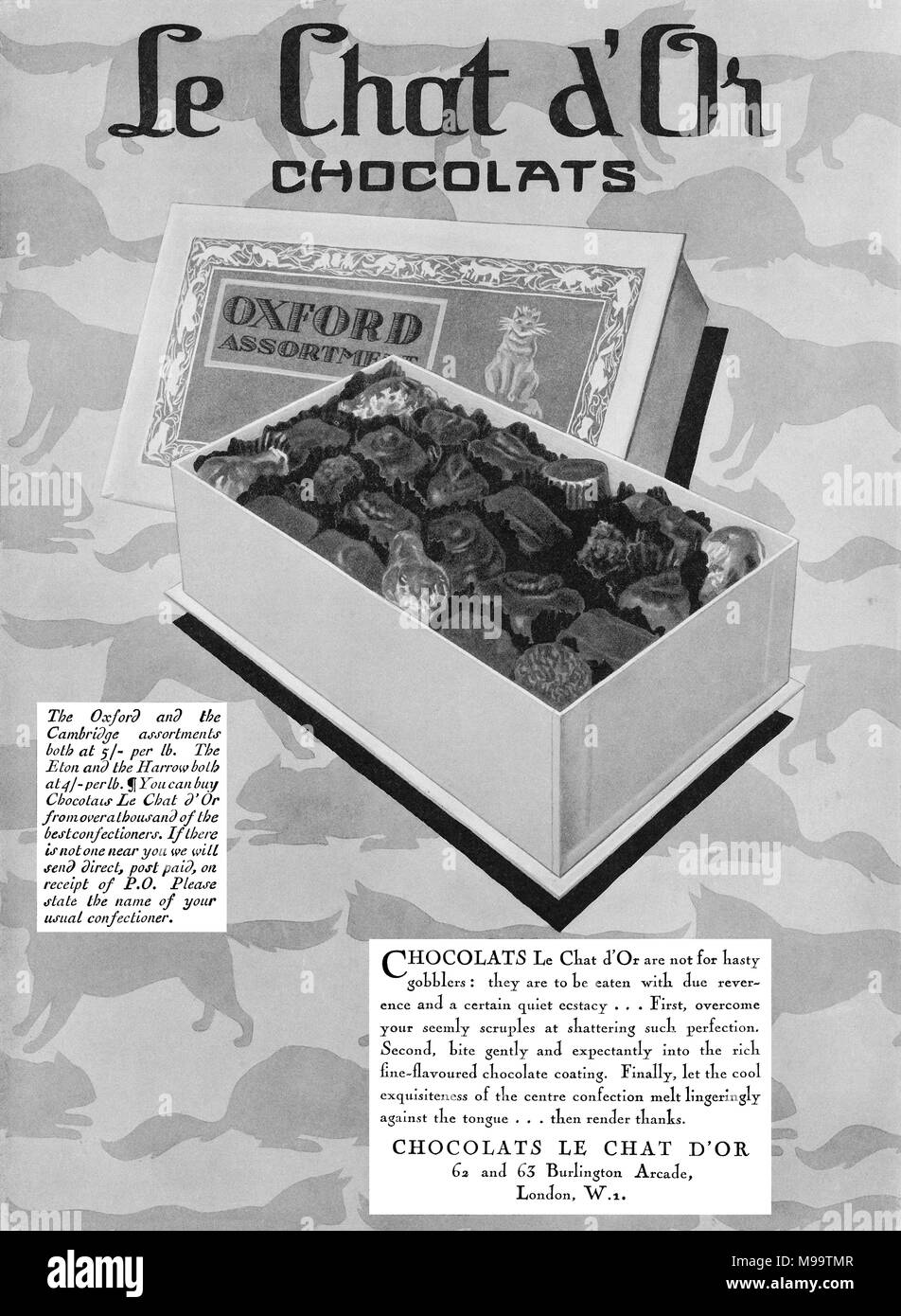 1928 La publicité pour les chocolats Le Chat d'assortiment de chocolat ou fort. Banque D'Images