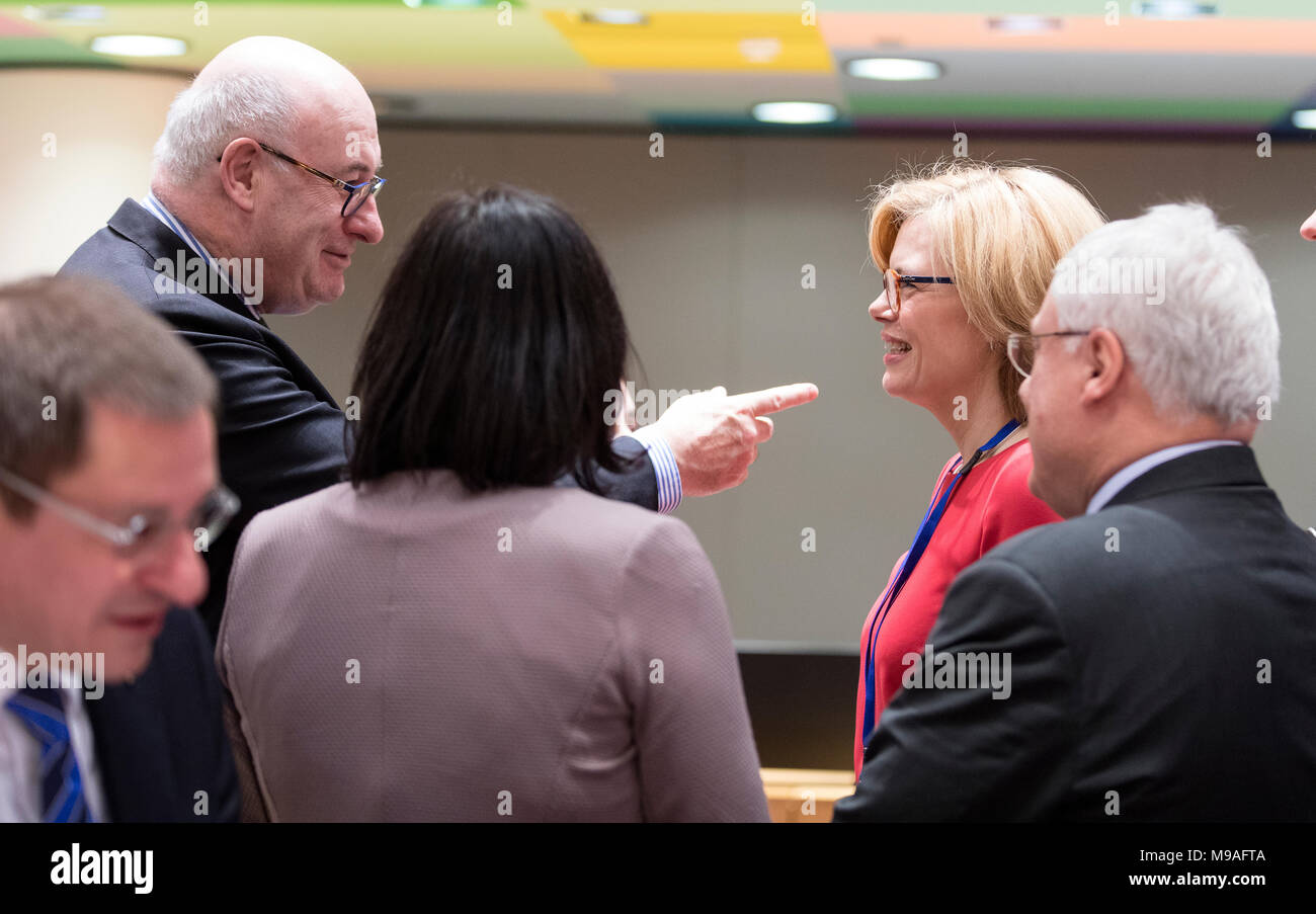 19.03.2018, Belgique, Bruxelles : L'UNION EUROPÉENNE Agriculture & Rural Development commissaire Phil Hogan (L) parle avec le Ministre autrichien de Durabilité et tourisme Elisabeth Koestinger (C) et le ministère fédéral allemand de l'alimentation et l'Agriculture Julia Kloeckner (R) avant une réunion des ministres européens de l'agriculture dans l'Europe, le Conseil de l'UE autre siège. - Pas de service de fil Photo : Thierry Monasse/dpa Banque D'Images