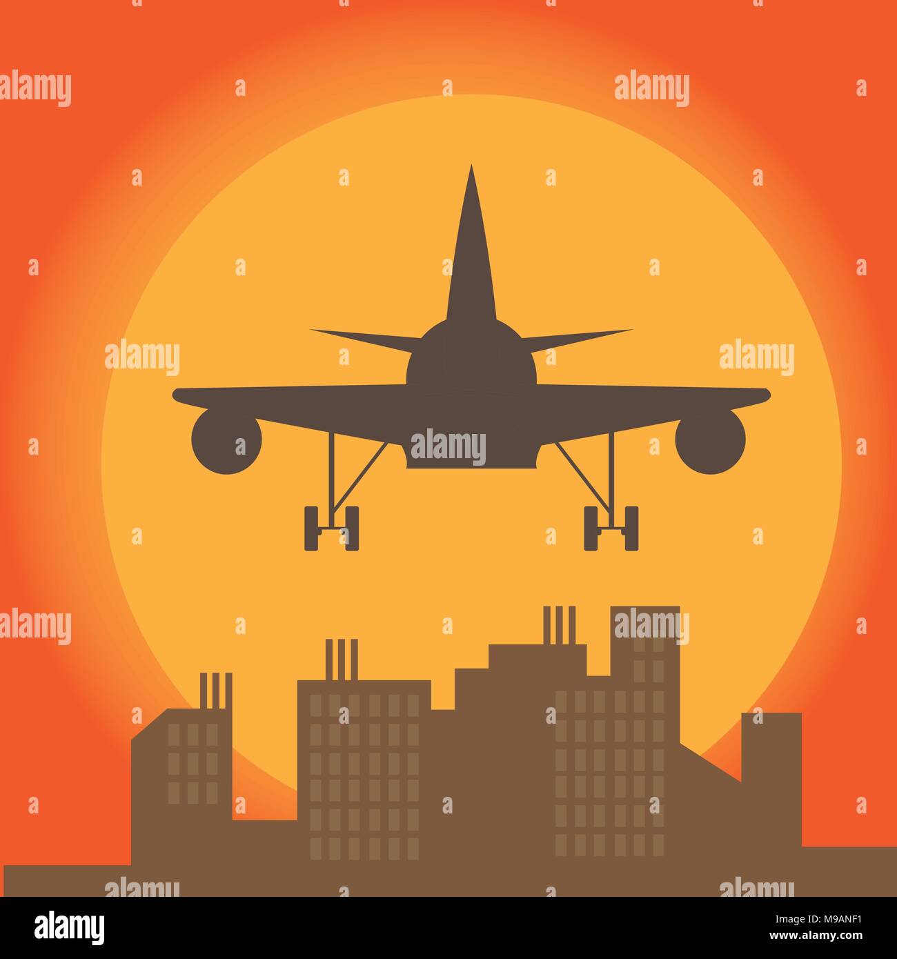 Avion en face de grande ville silhouette, style plat illustration Illustration de Vecteur