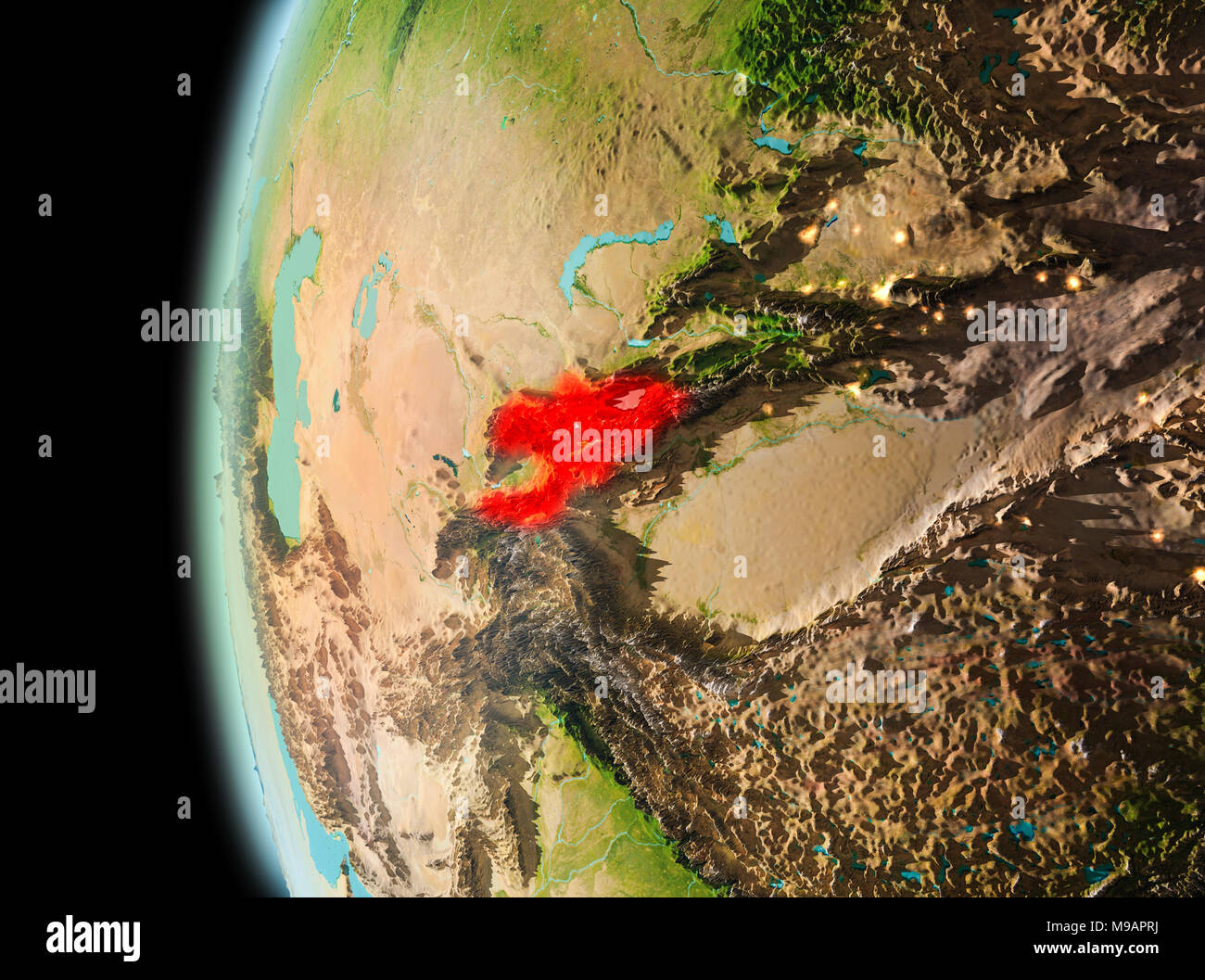 Illustration du Kirghizistan comme vu de l'orbite de la Terre en fin de soirée. 3D illustration. Éléments de cette image fournie par la NASA. Banque D'Images