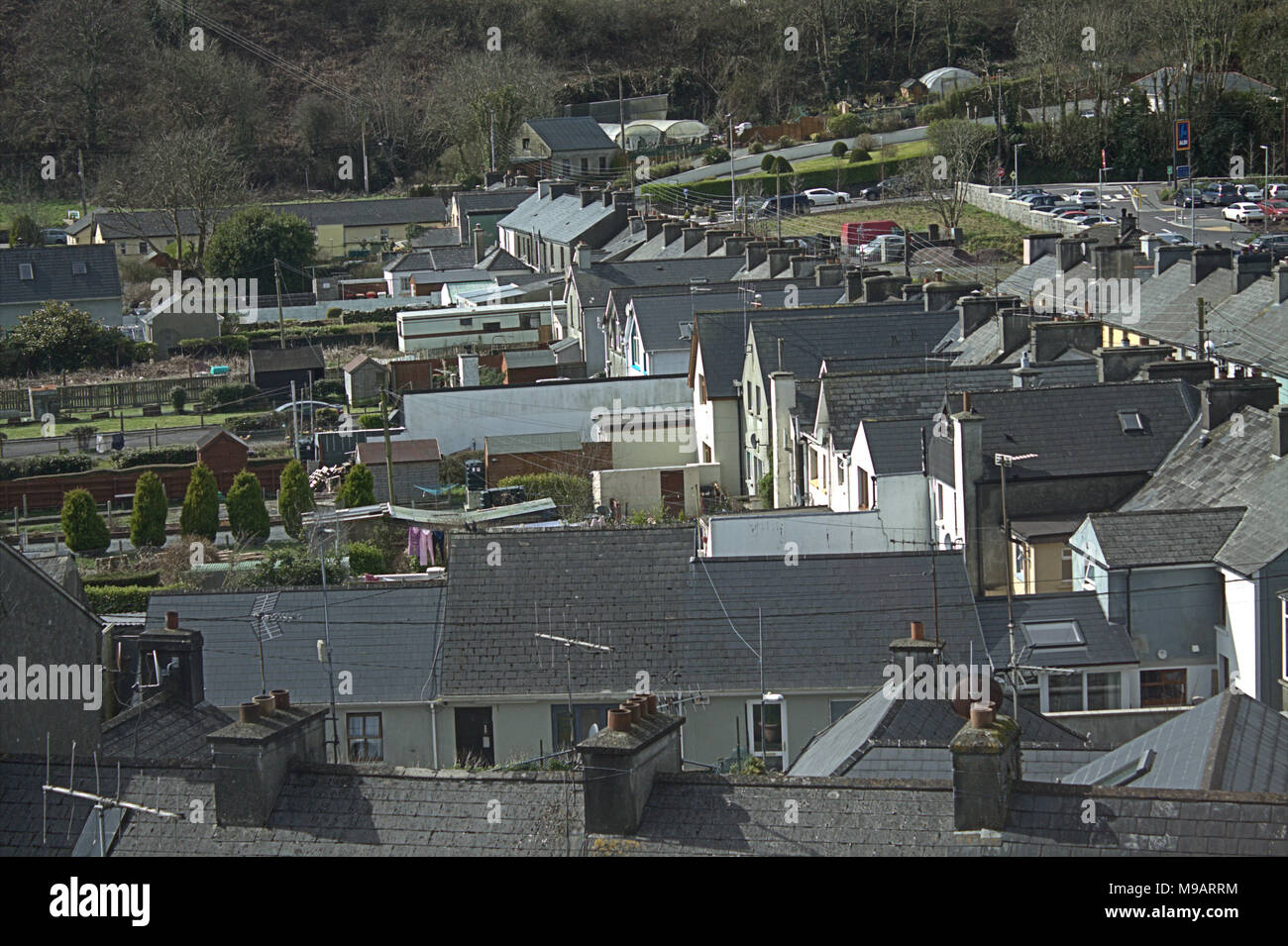 L'arrière d'une rangée de maisons mitoyennes à la recherche sur les toits et les jardins. Skibbereen, Irlande Banque D'Images