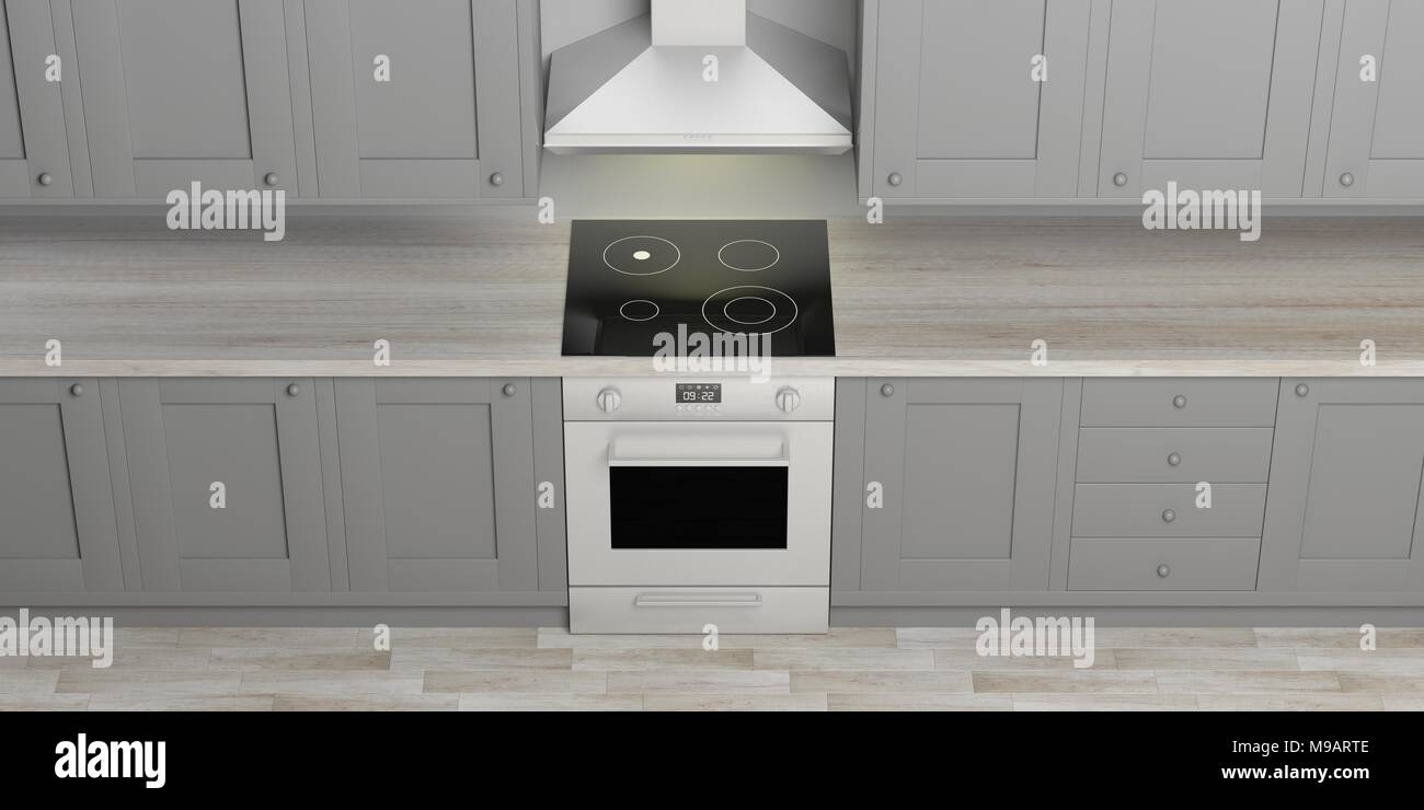 Armoires de cuisine gris et eletric cuisinière avec plaque vitrocéramique  et hotte aspirante, plancher en bois, vue de dessus. 3d illustration Photo  Stock - Alamy