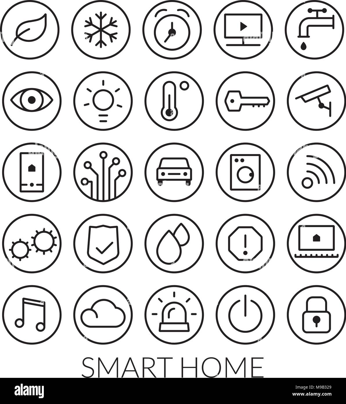 Jeu de 24 icônes de ligne de maison intelligente en rond Illustration de Vecteur