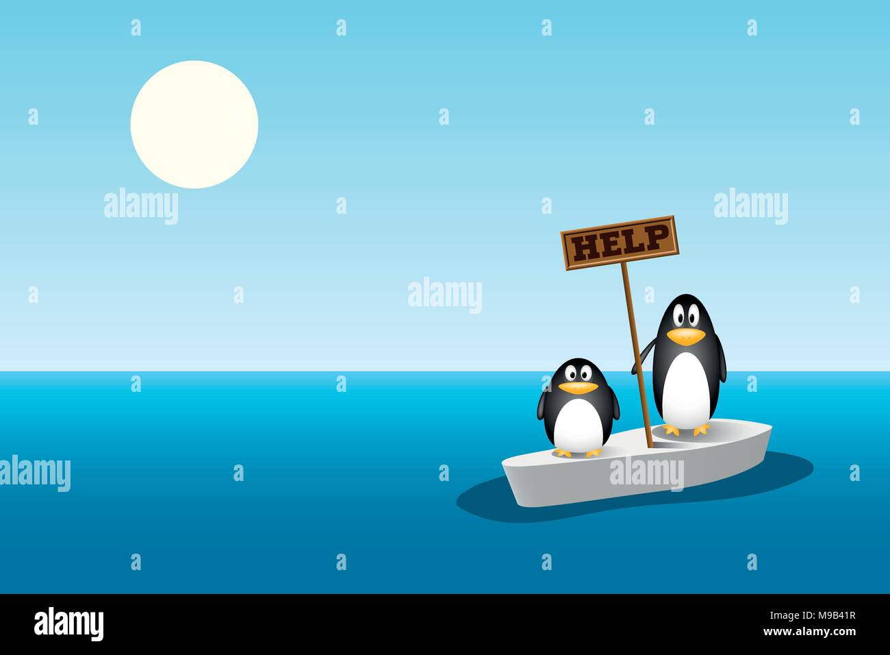 Deux pingouins sont laissés sur le dernier banc de glace après tout l'iceberg a fondu. le réchauffement de la notion, le changement climatique Illustration de Vecteur