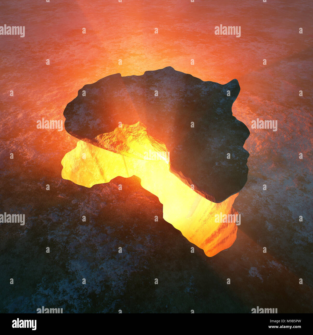 Continent africain dans la roche solide extrait à partir d'un trou chaud rouge dans la terre. Rendu 3D d'art conceptuel Banque D'Images