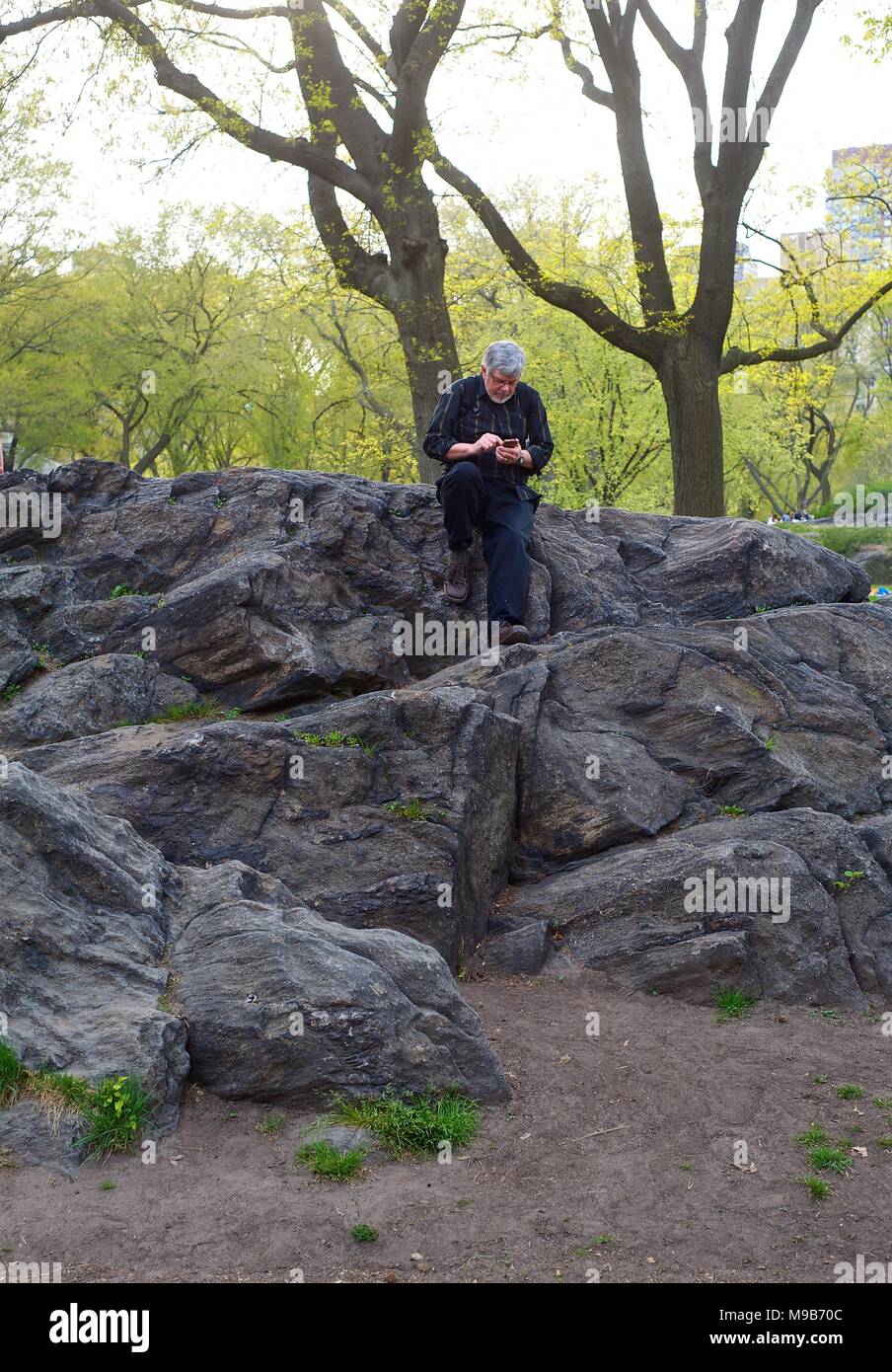 La texter, un homme vérifie son téléphone mobile sur l'éperon rocheux à New York Central Park New York - Avril 2012 Banque D'Images