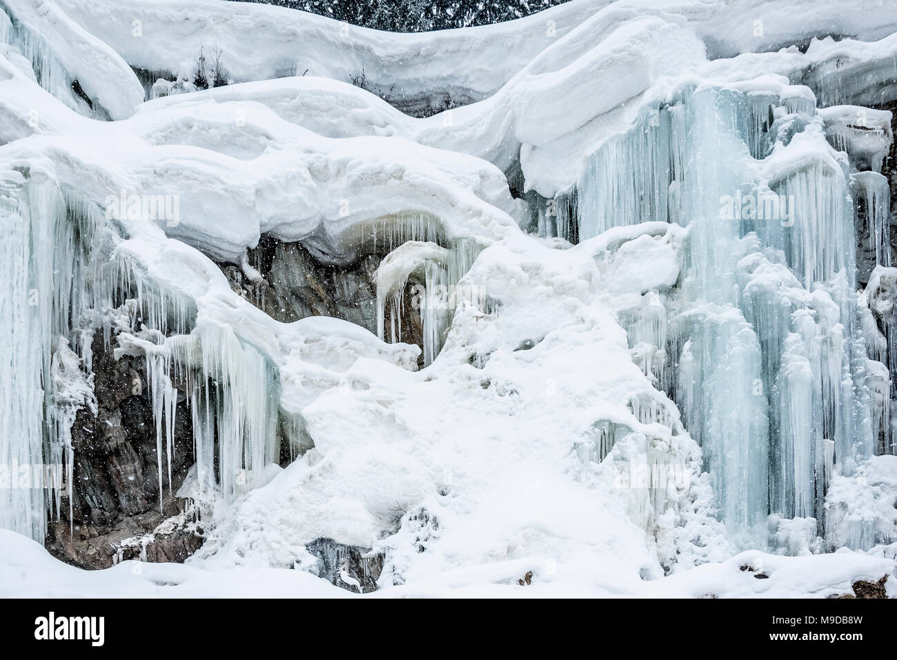 Icicle fantaisie sur rock face au col Rogers British Columbia Banque D'Images