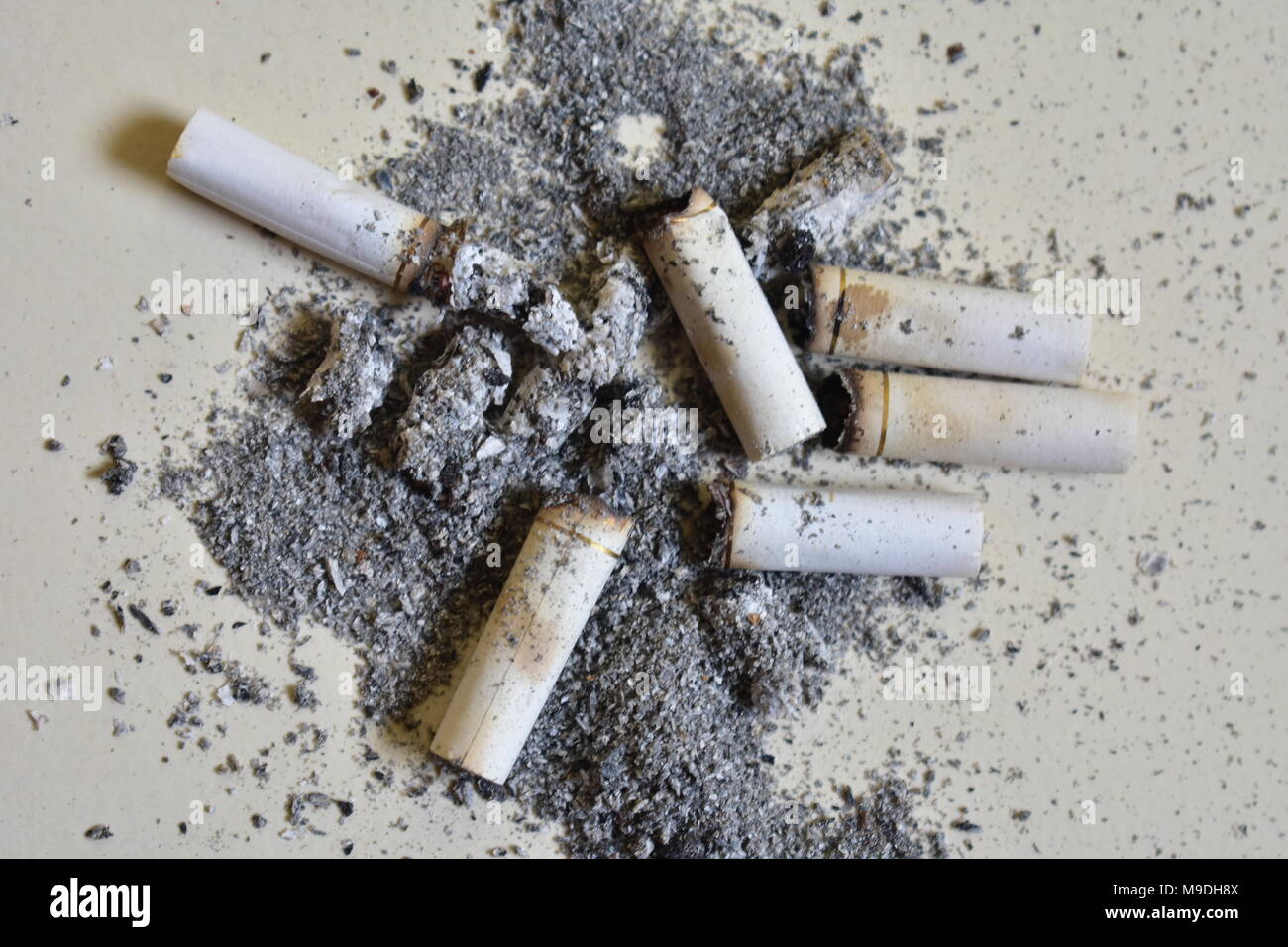 cendre de cigarette Beaucoup de pièces avec de la cendre de cigarette après le tabagisme en  éclats sur le sol Photo Stock