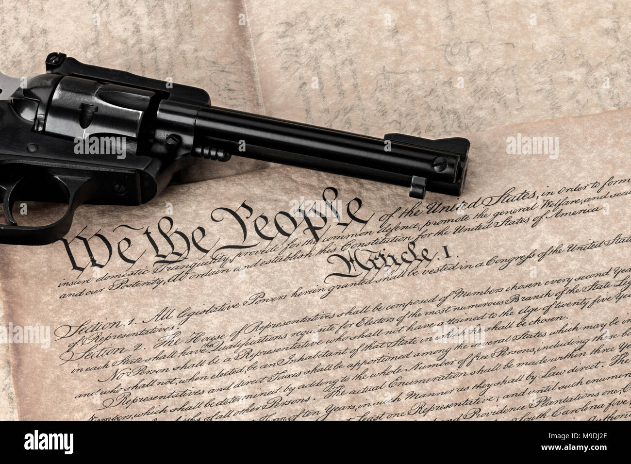 Pistolet noir sur un document du gouvernement de la constitution Banque D'Images