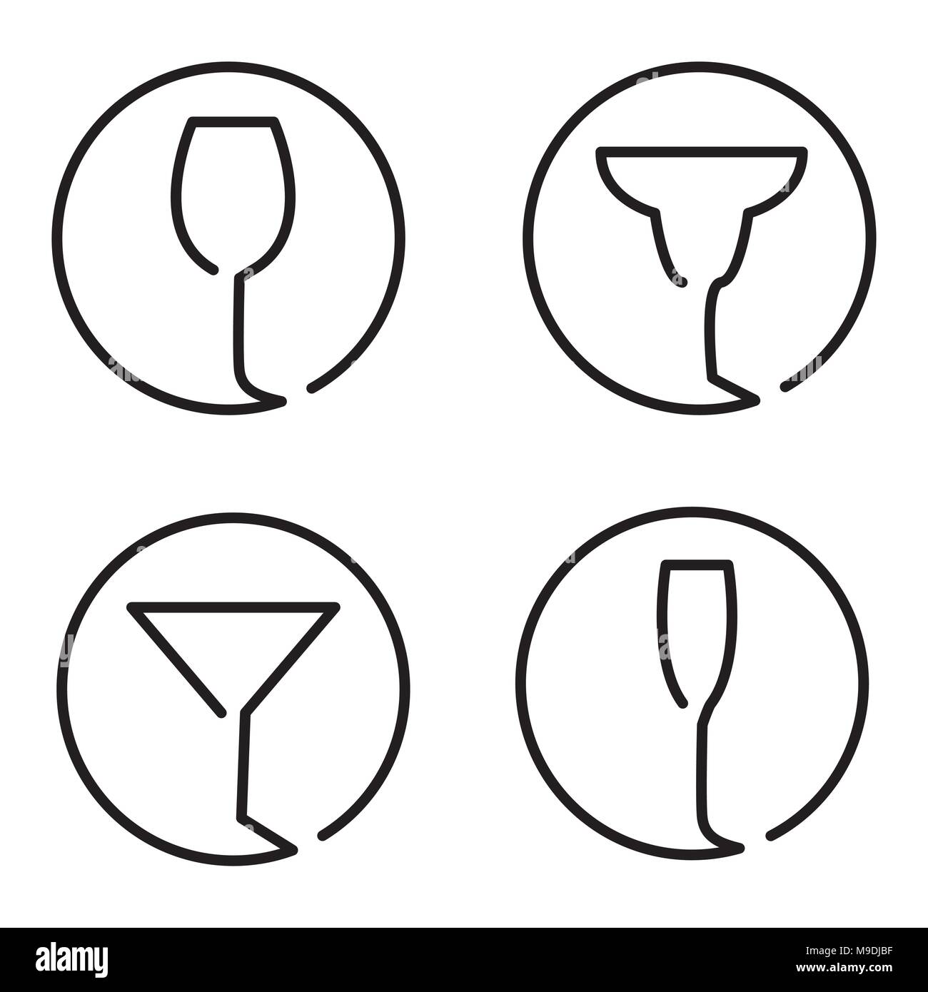 Ligne continue logo ensemble de verres différents, vin, cocktail margarita, Martini, Champaign Illustration de Vecteur
