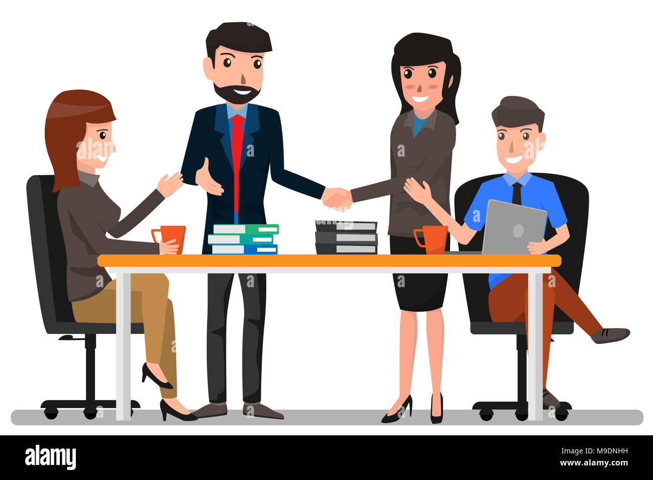 Deux business man and woman shaking hands with collègue de travail, d'affaires et réunion. personnage Vector illustration. Banque D'Images