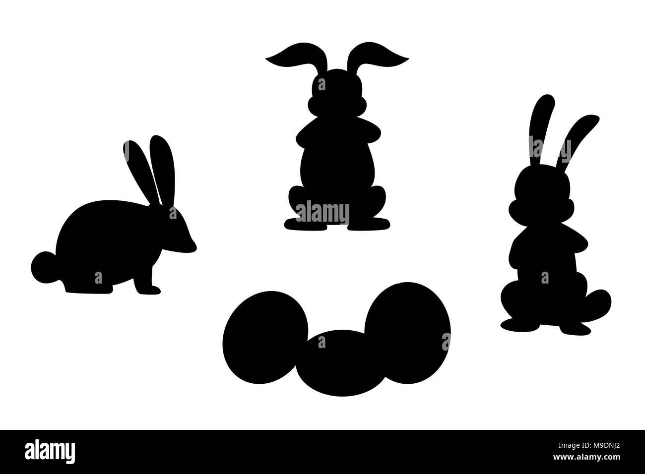 Silhouettes isolées de lapins et d'œufs de pâques. vector illustration. Banque D'Images