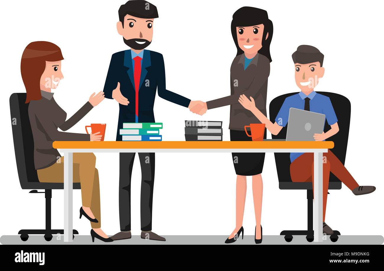 Deux business man and woman shaking hands with collègue de travail, d'affaires et réunion. personnage Vector illustration. Illustration de Vecteur