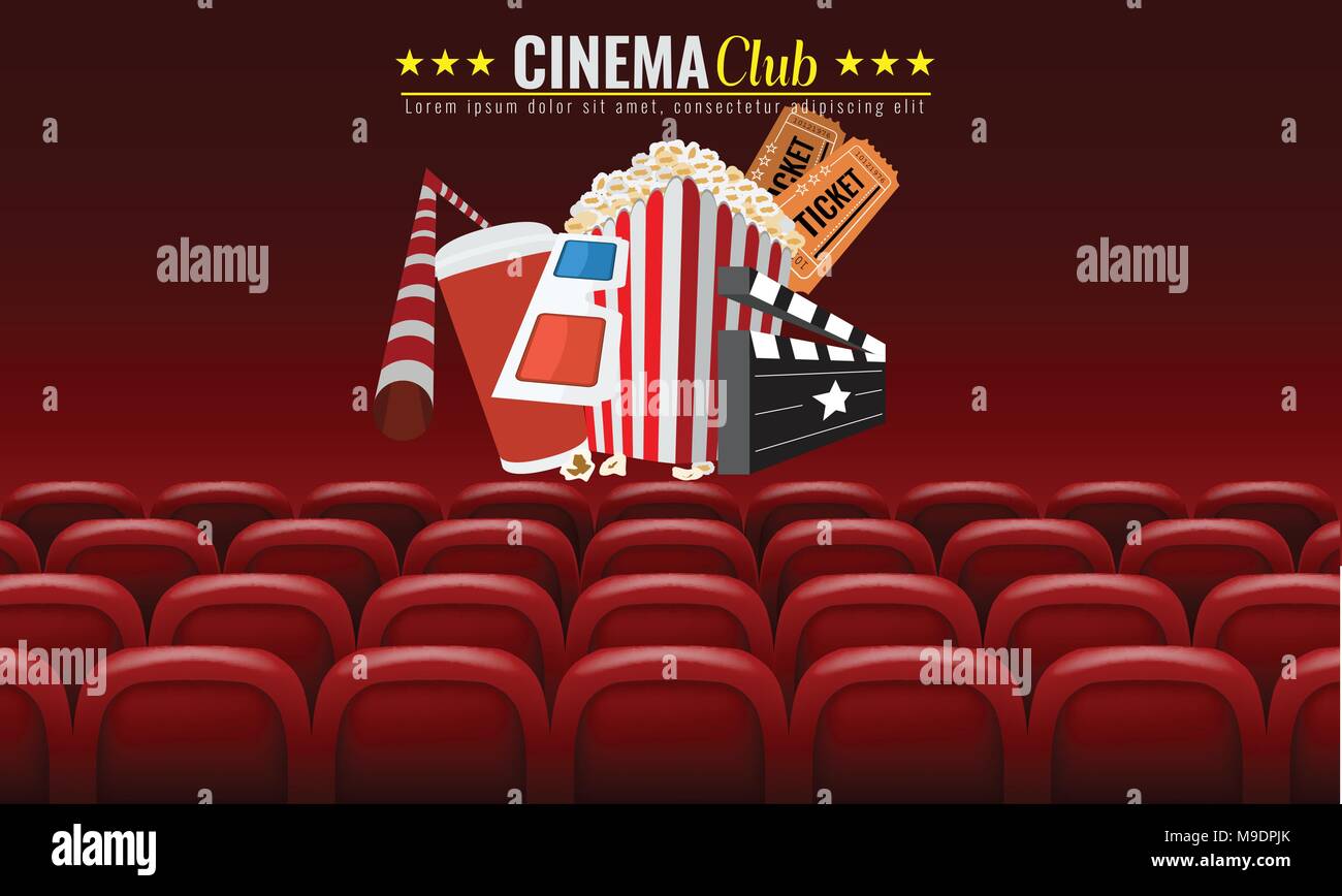 Cinema premiere poster design. Modèles de bannière de vecteur pour montrer avec sièges, pop-corn, des billets. Fond rouge. Illustration de Vecteur