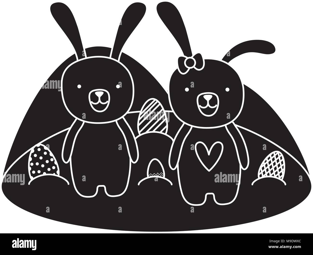 Couple silhouette animal lapin de Pâques avec des oeufs Illustration de Vecteur
