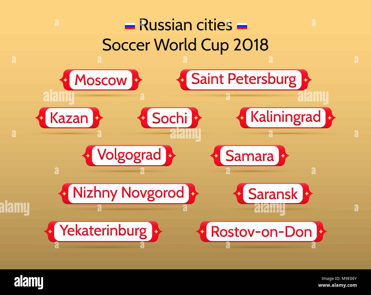 Championnat de Football 2018 dans les villes russes. Vector badges avec le nom des 11 villes russes où auront lieu des allumettes. Couche de fichiers supplémentaires : bleu Illustration de Vecteur