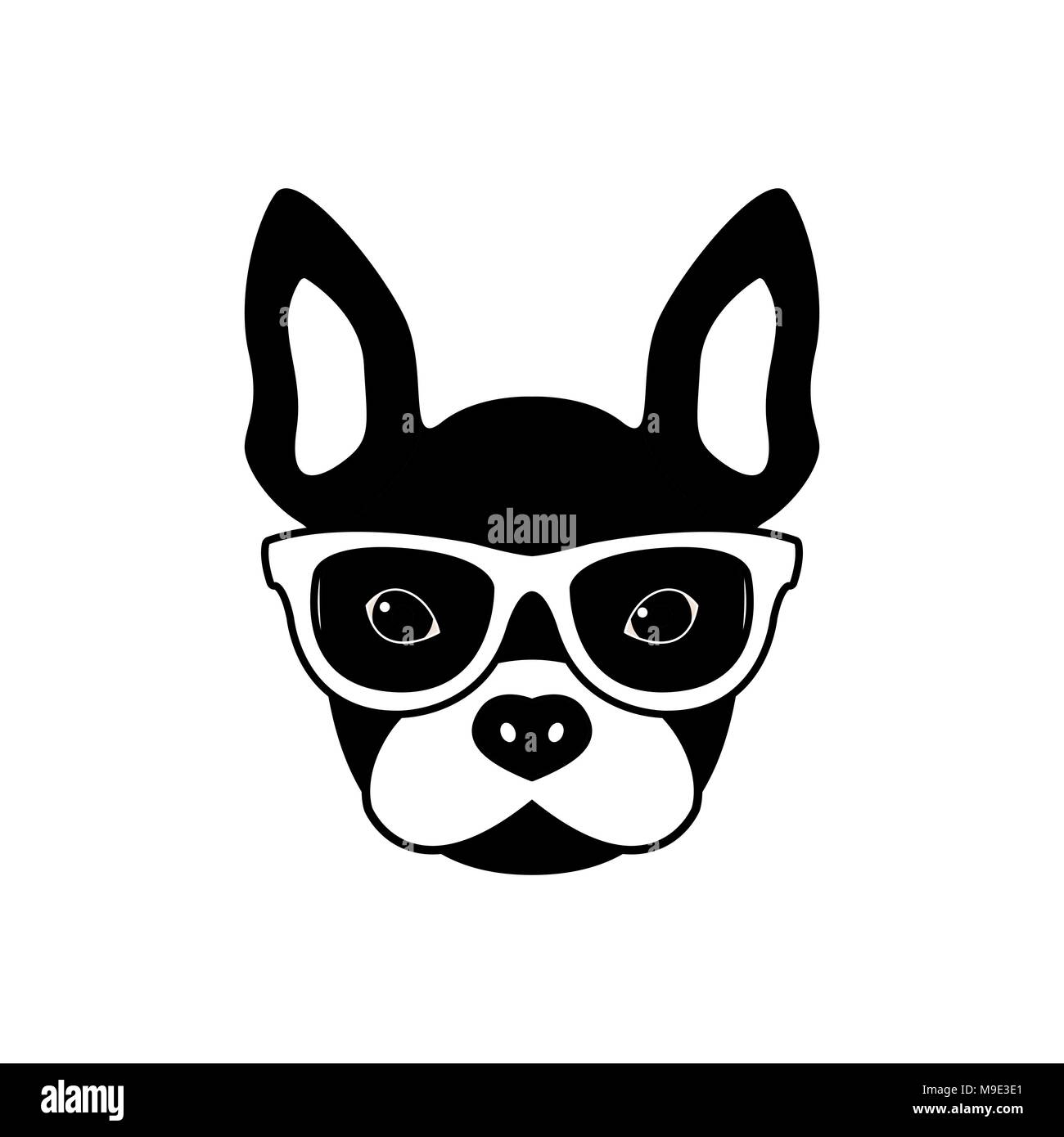 Portrait de bouledogue français avec des lunettes, noir et blanc style plat. Vector illustration de Hipster chien. Illustration de Vecteur