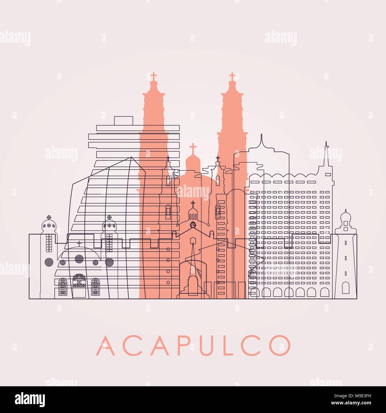 Contours Acapulco skyline avec repères. Vector illustration. Les voyages d'affaires et tourisme concept avec des bâtiments historiques. Droit de présentation, ban Illustration de Vecteur