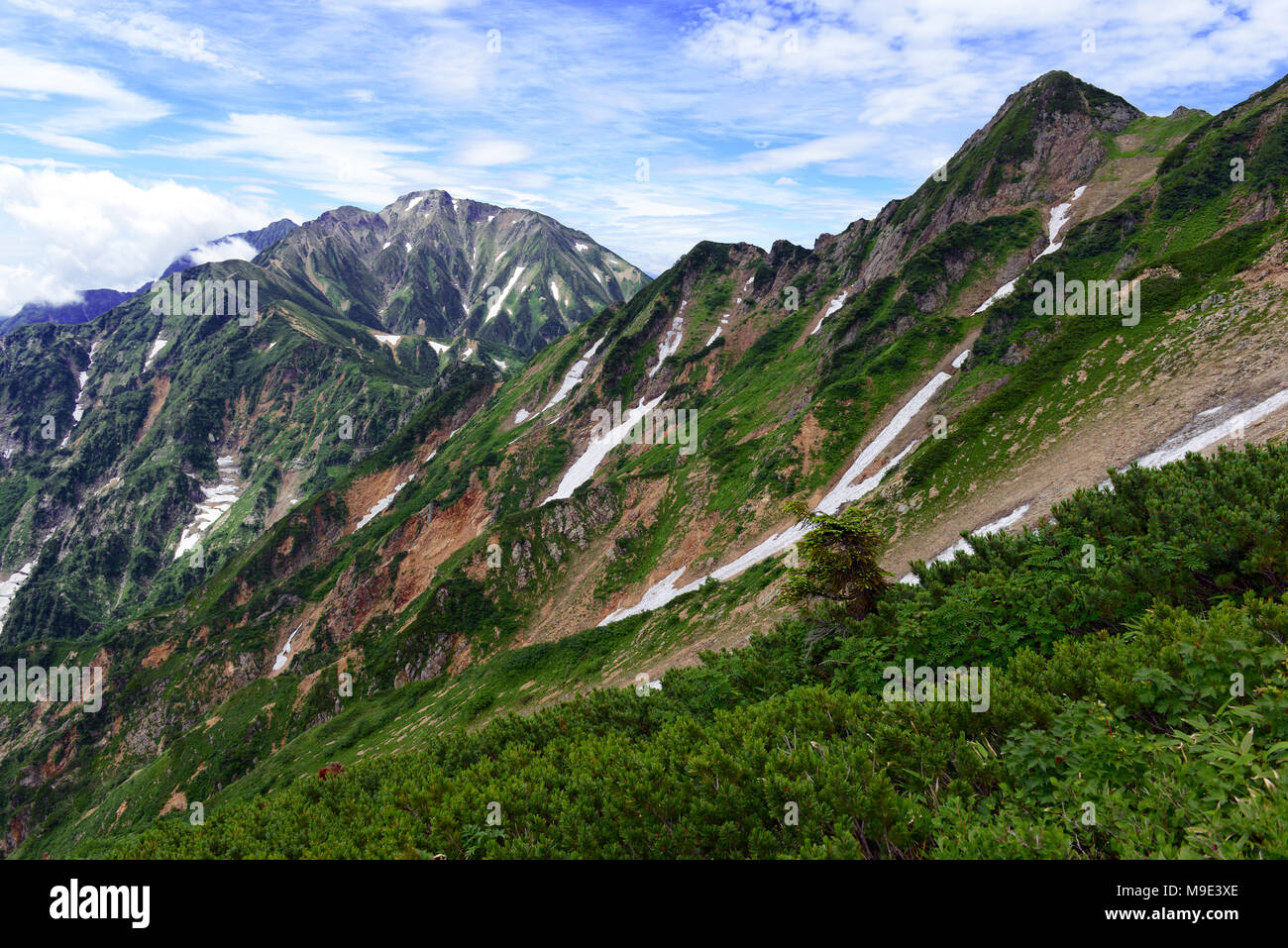 Terrain alpin des Alpes du Nord au Japon, une montagne populaire pour les randonneurs et alpinistes japonais et potentiellement dangereux en crête avec la neige, les terr Banque D'Images