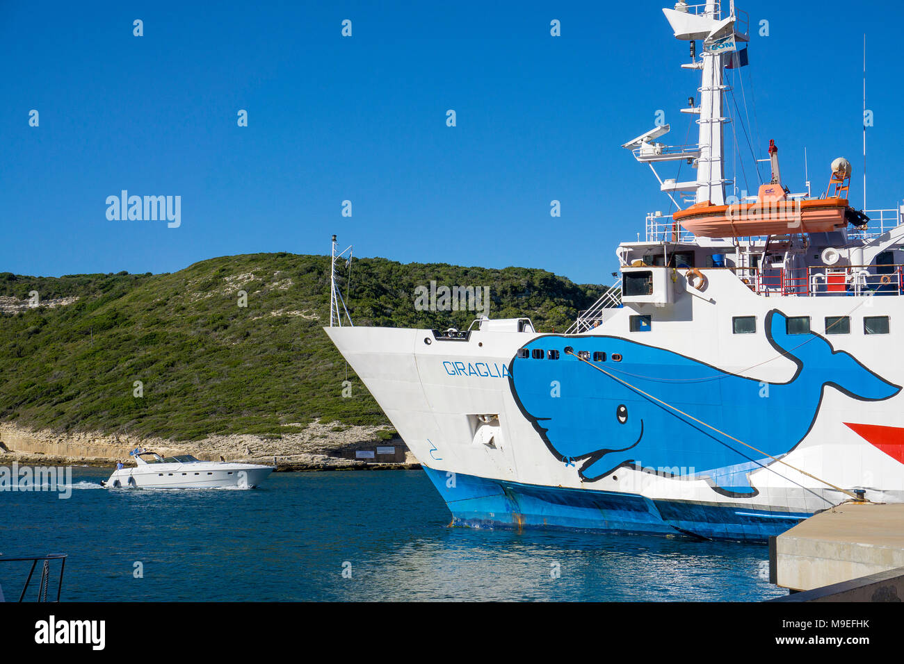 Pêche à ferry et du port de plaisance de Bonifacio, Corse, France, Europe, Méditerranée Banque D'Images