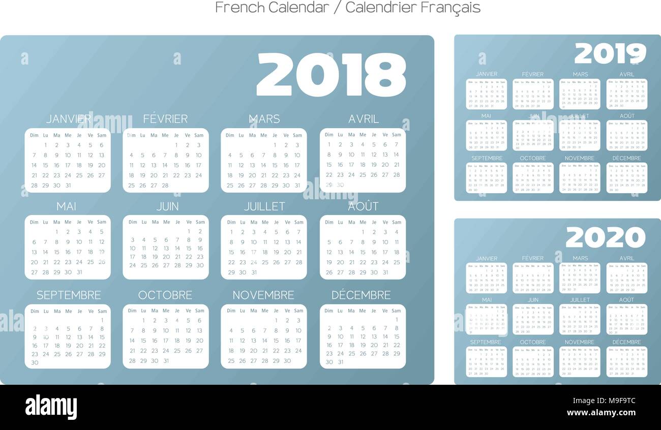 Calendrier Français 2018 2019 2020 gris bleu Le texte vectoriel est contours Illustration de Vecteur