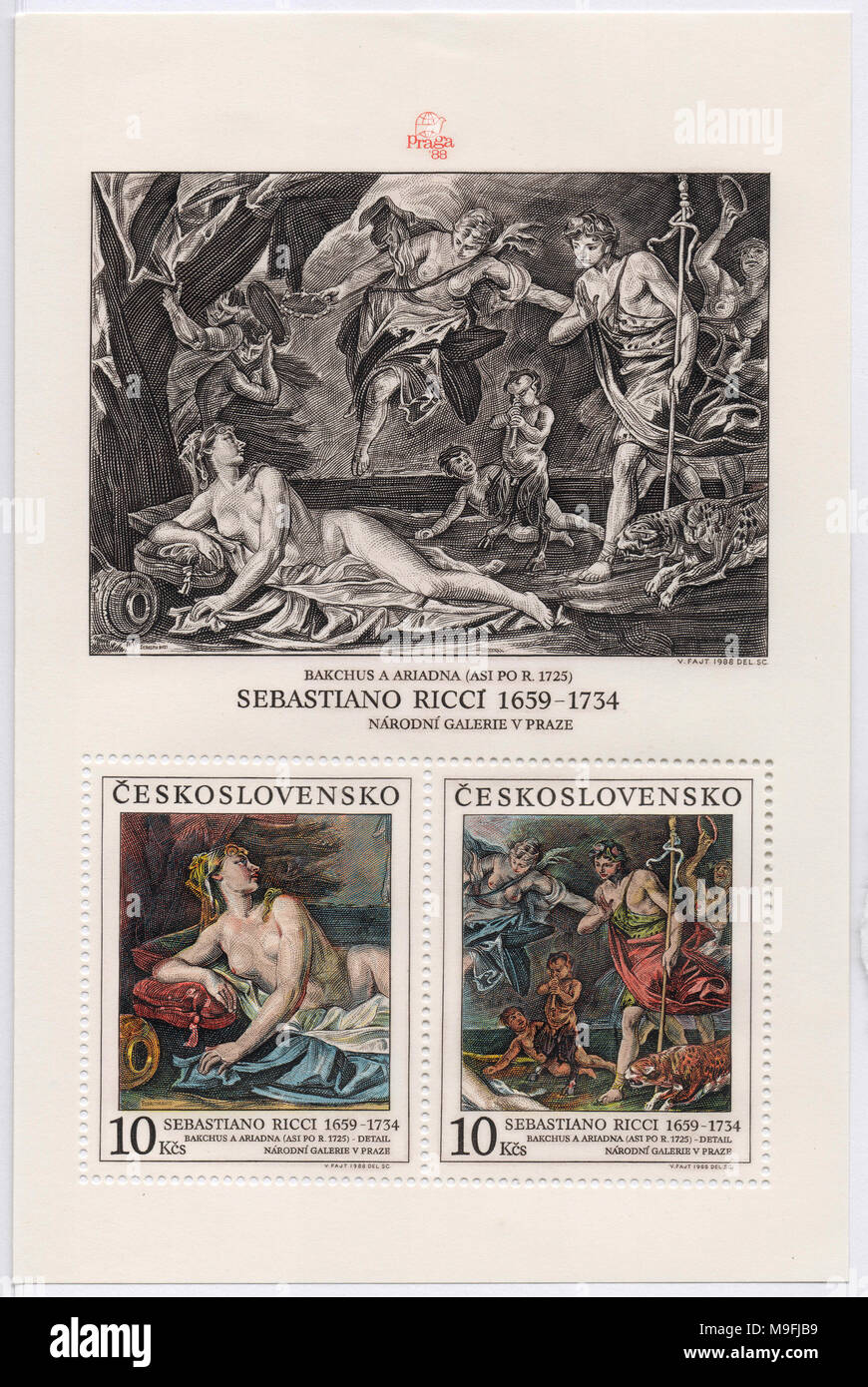 Bacchus et Ariane par Sebastian Ricci sur planche de timbres. Imprimé à Prague, en Tchécoslovaquie (aujourd'hui République tchèque) en 1988. Circa 1725 Art. Banque D'Images