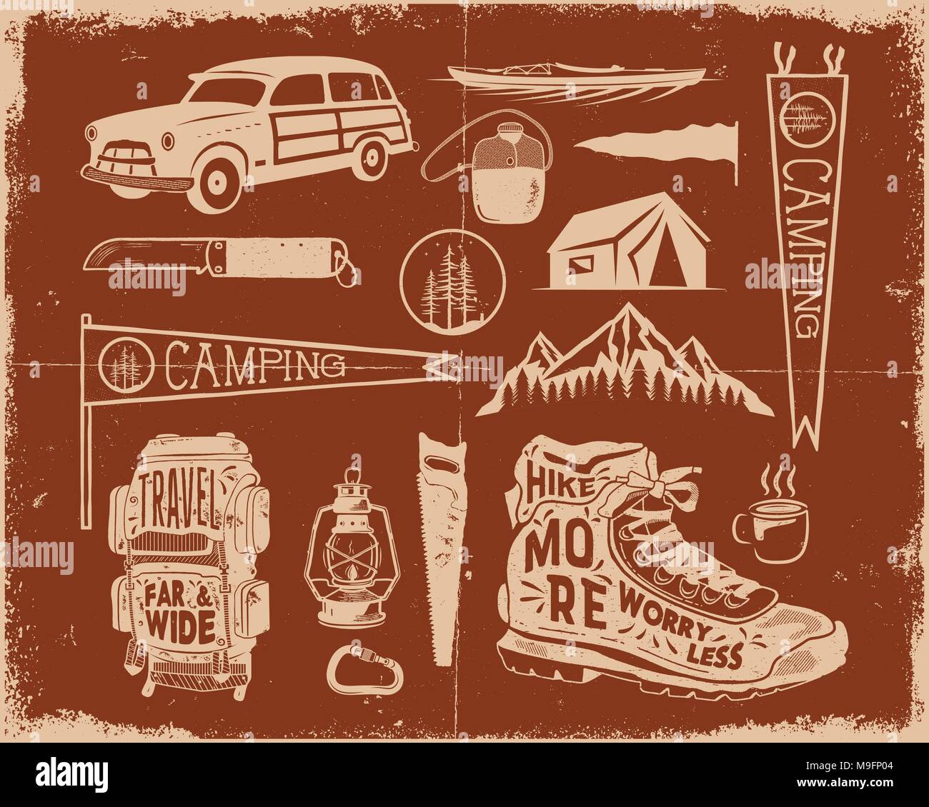 Vintage dessinés à la main des symboles de l'aventure, la randonnée, le camping La forme des sac à dos, Pennant, kayak, surf, lanterne de voiture et d'autres. Retro design monochrome. Pour des t shirts, des impressions. Silhouette vecteur Stock icons Illustration de Vecteur